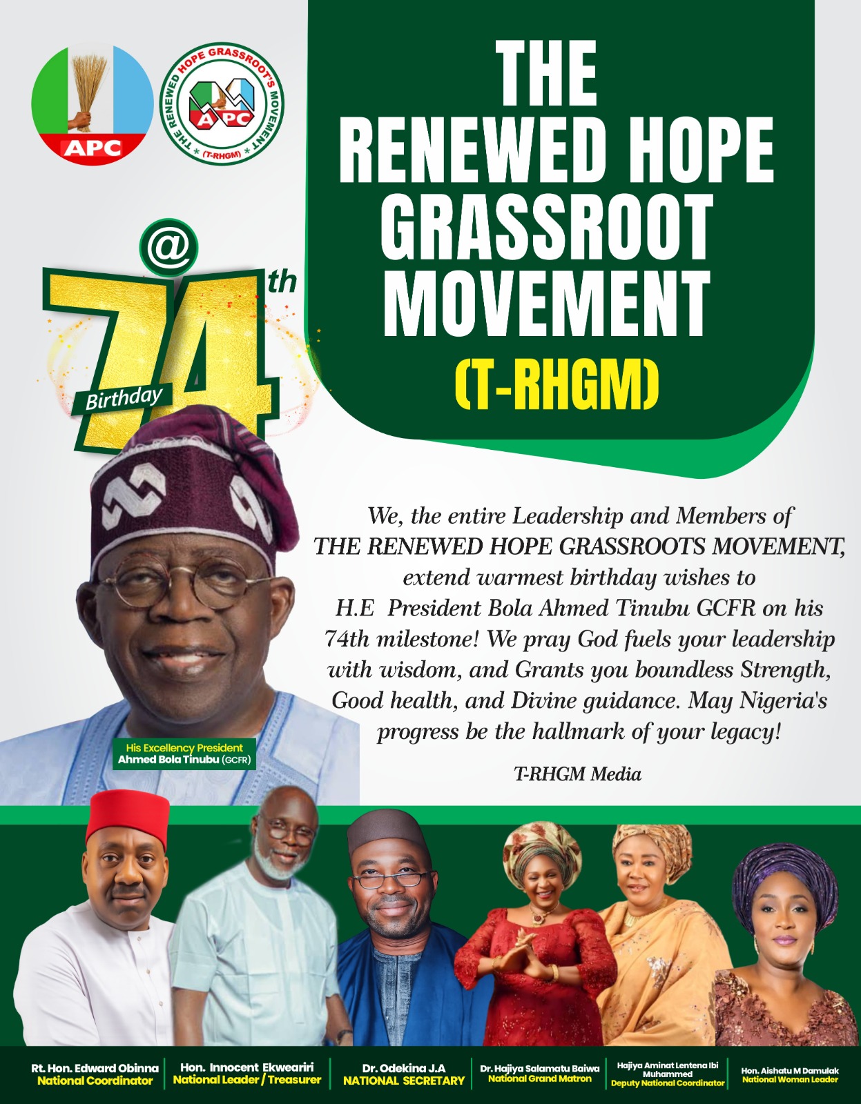 Birthday wishes from The Renewed Hope Grassroots Movement to H.E President Bola Ahmed Tinubu GCFR